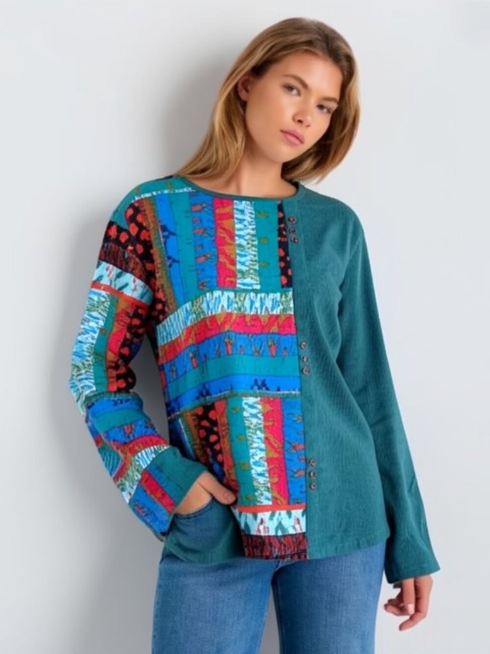 Womens Top Blouse Colorblock Long Sleeves Castleton Green Size 2XL